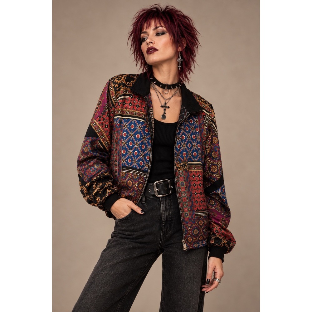 Urban Outfitters S Printed Bomber Jacket Jewel Tone Statement Fall
